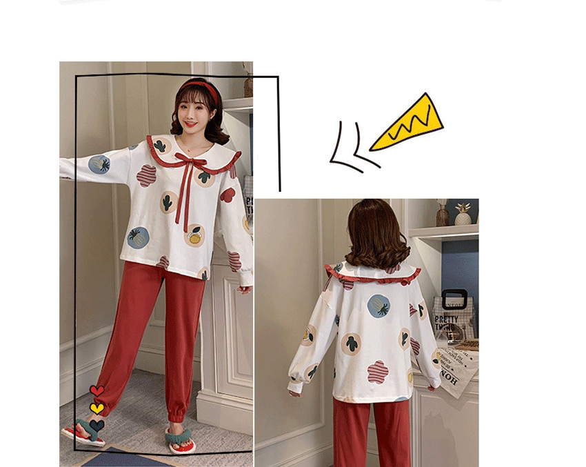 Fashion White Long-sleeved Printed Contrast Cotton Pajamas Suit  Knitted Cotton,SLEEPWEAR & UNDERWEAR