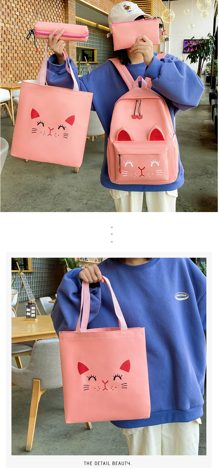 Fashion Light Grey Cat Print Contrast Color Shoulder Bag,Backpack