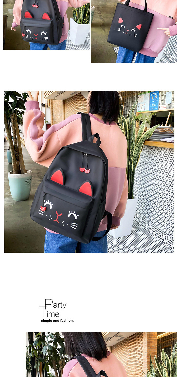 Fashion Pink Cat Print Contrast Color Shoulder Bag,Backpack