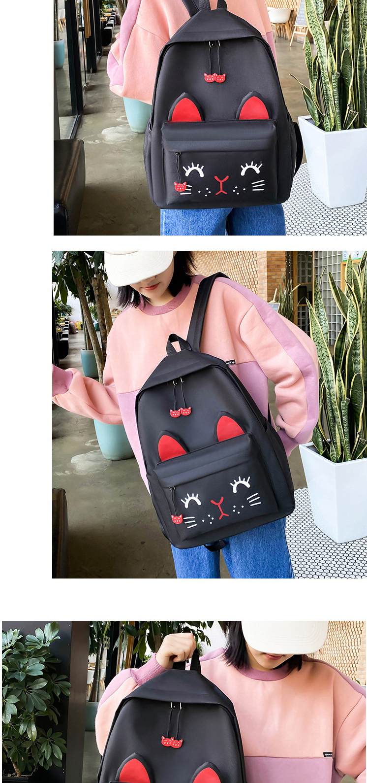 Fashion Pink Cat Print Contrast Color Shoulder Bag,Backpack