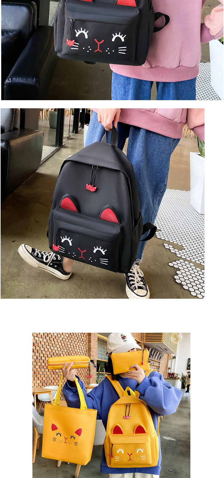 Fashion Light Grey Cat Print Contrast Color Shoulder Bag,Backpack