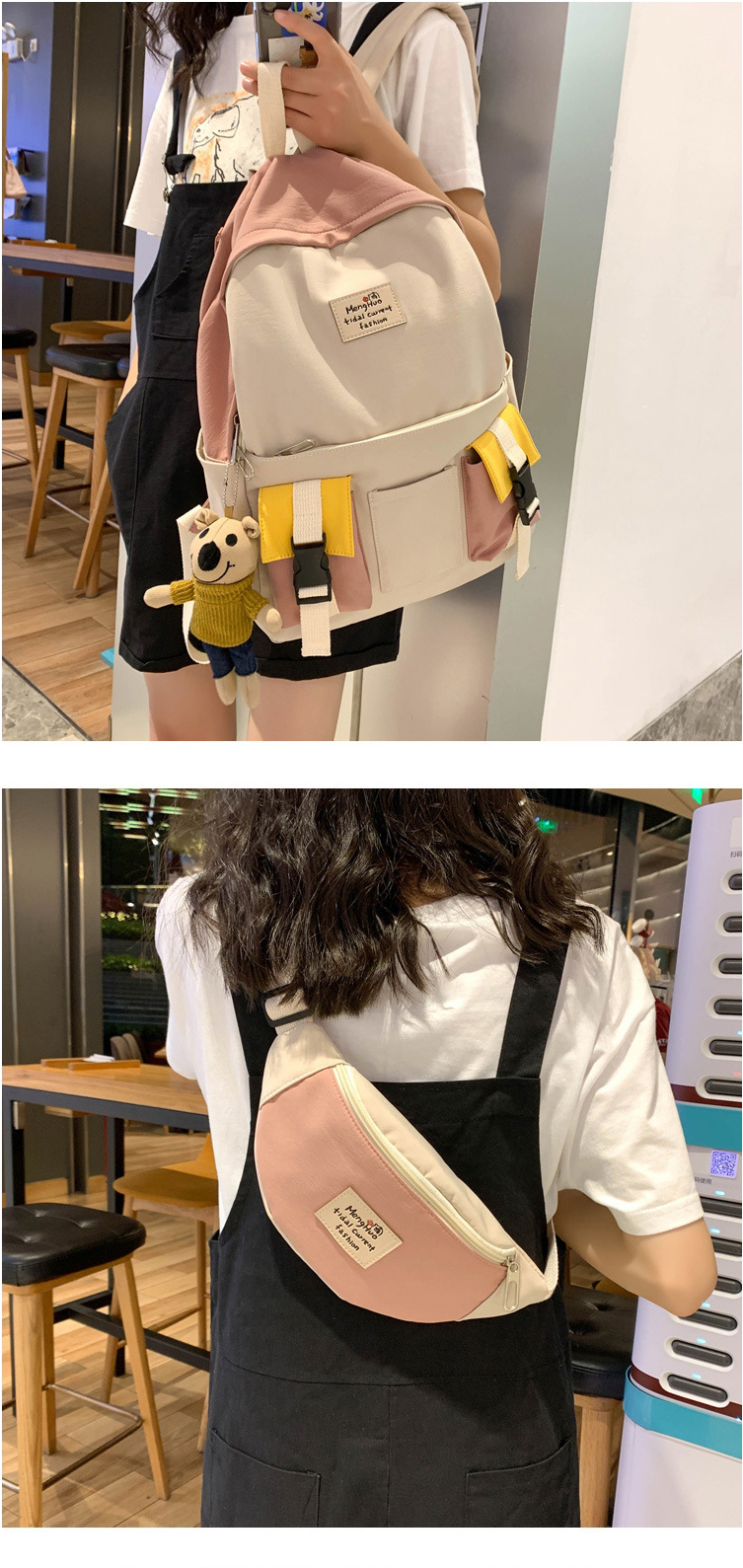 Fashion Green Belt Pendant Canvas Stitching Contrast Color Buckle Diagonal Cross Chest Bag Backpack,Backpack