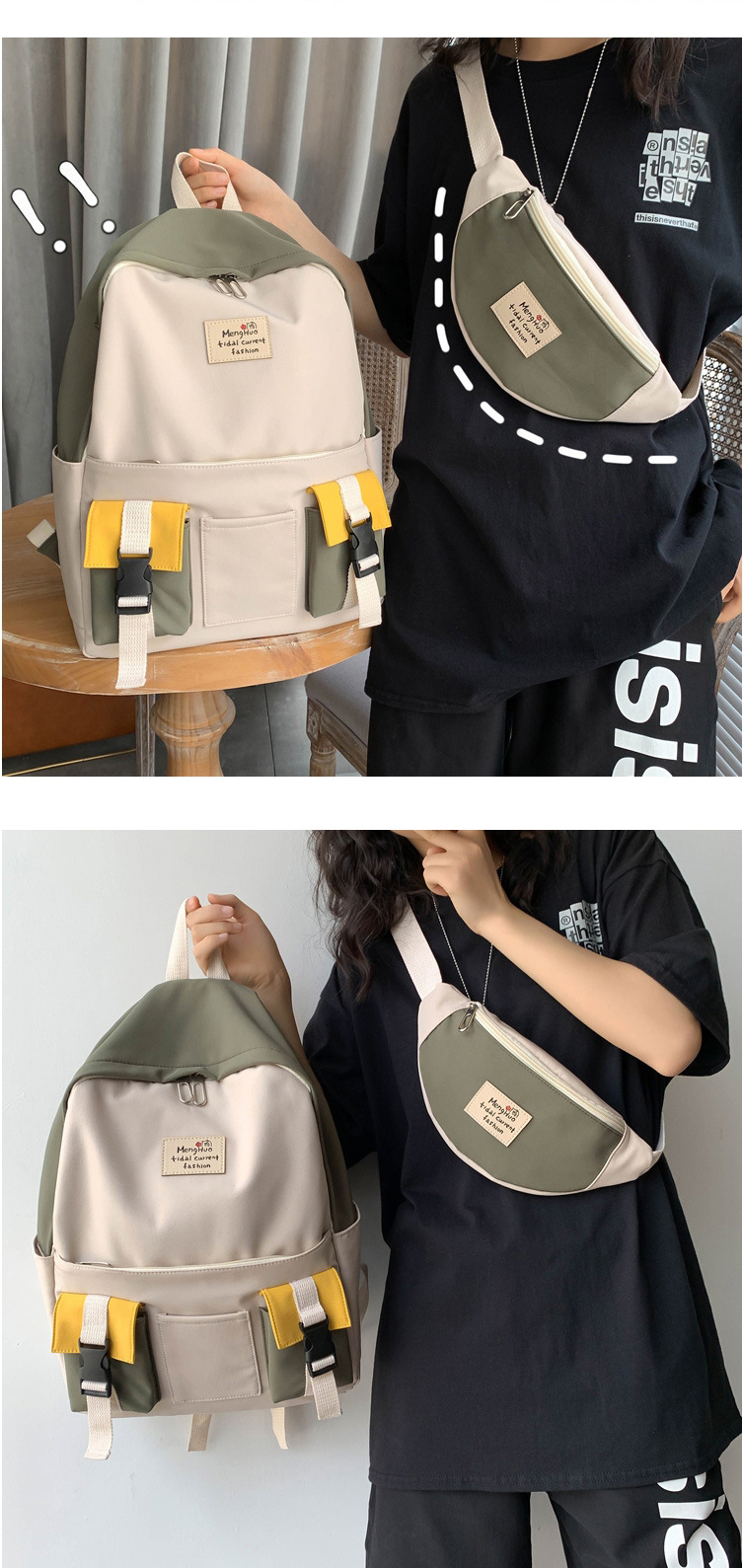 Fashion Black Belt Pendant Canvas Stitching Contrast Color Buckle Diagonal Cross Chest Bag Backpack,Backpack