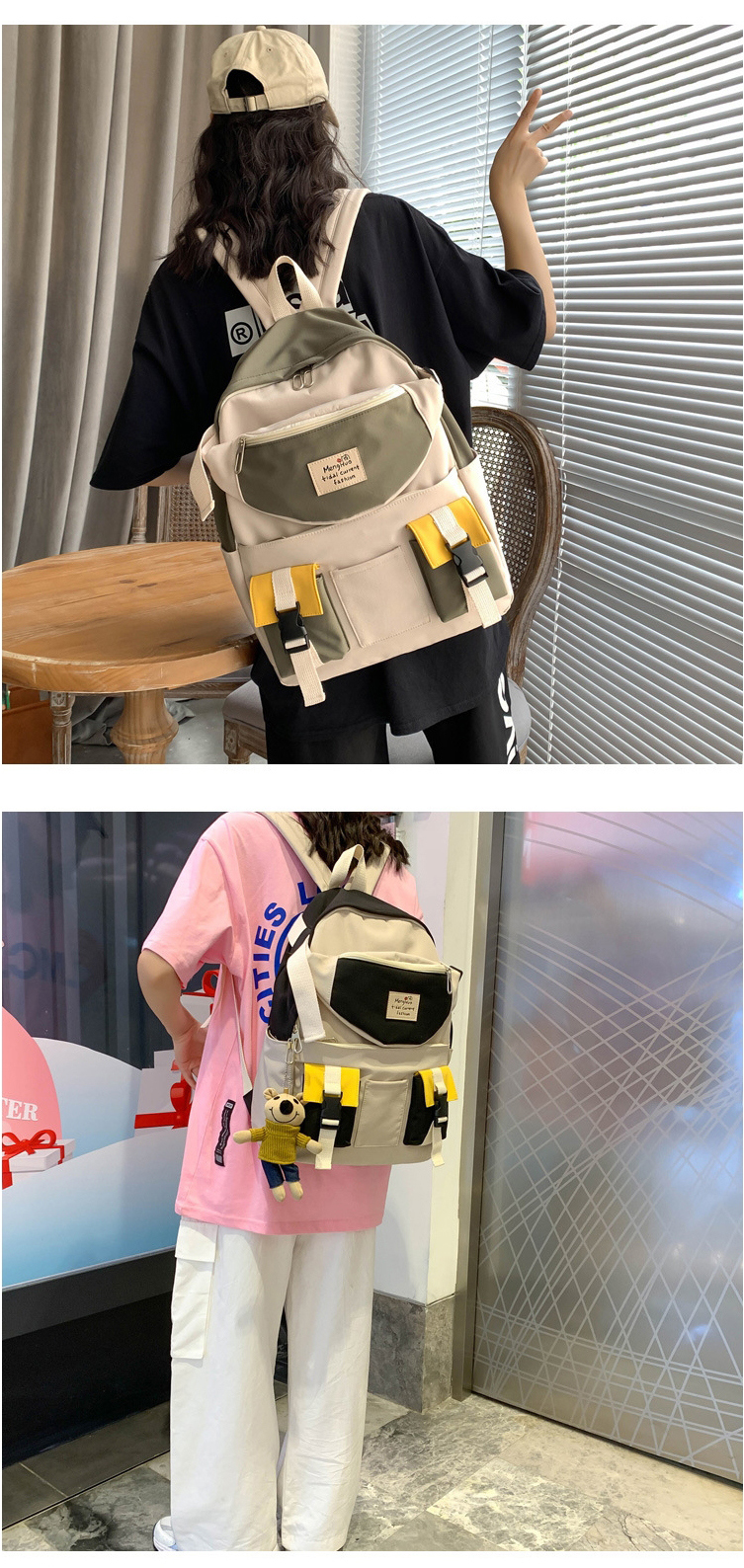 Fashion Pink With Pendant Canvas Stitching Contrast Color Buckle Diagonal Cross Chest Bag Backpack,Backpack