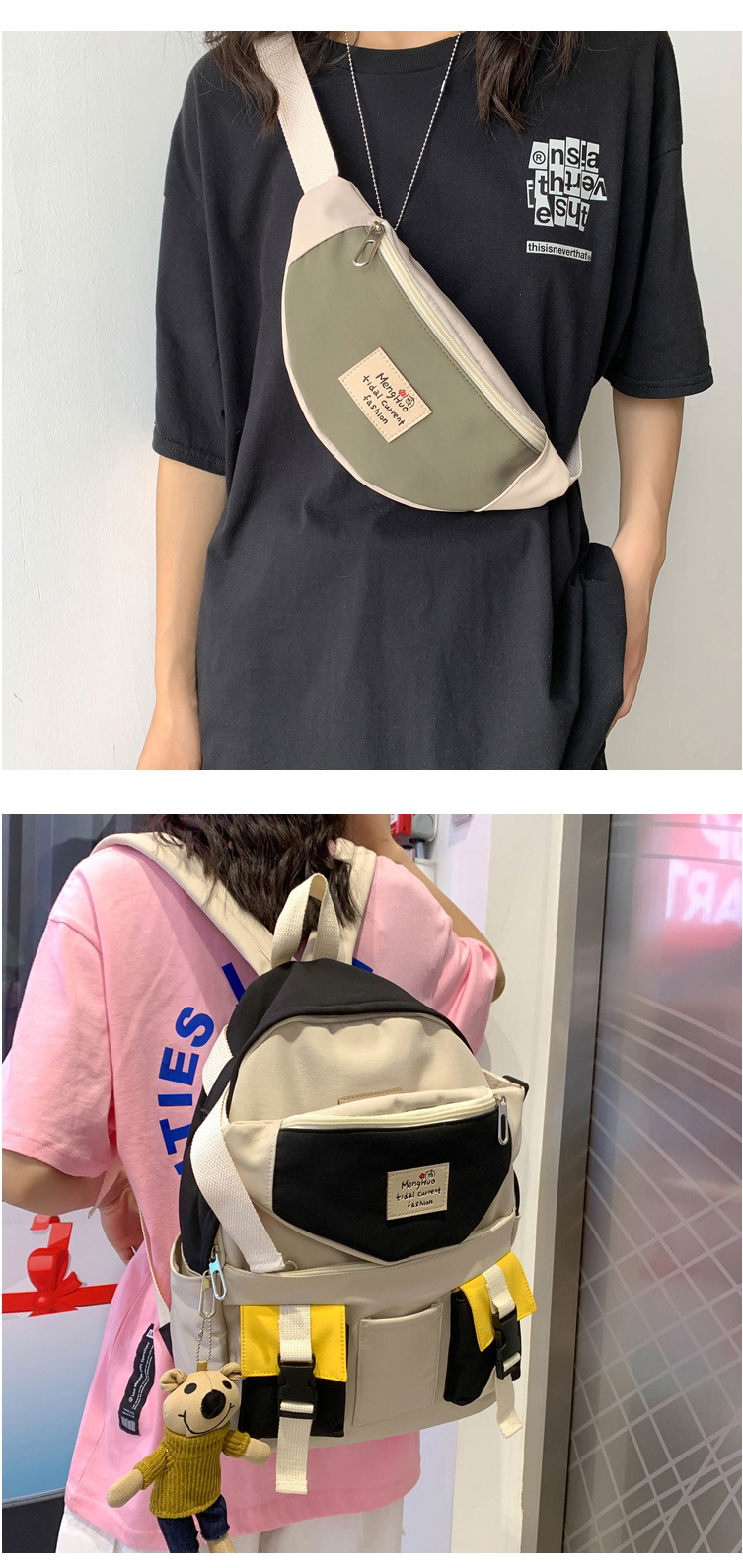 Fashion Blue Belt Pendant Canvas Stitching Contrast Color Buckle Diagonal Cross Chest Bag Backpack,Backpack