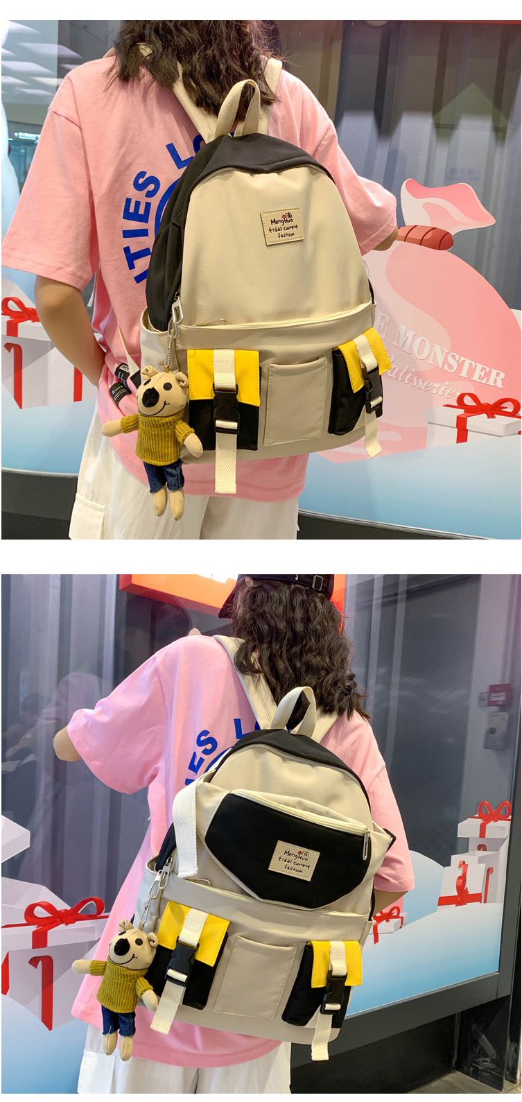 Fashion Pink With Pendant Canvas Stitching Contrast Color Buckle Diagonal Cross Chest Bag Backpack,Backpack