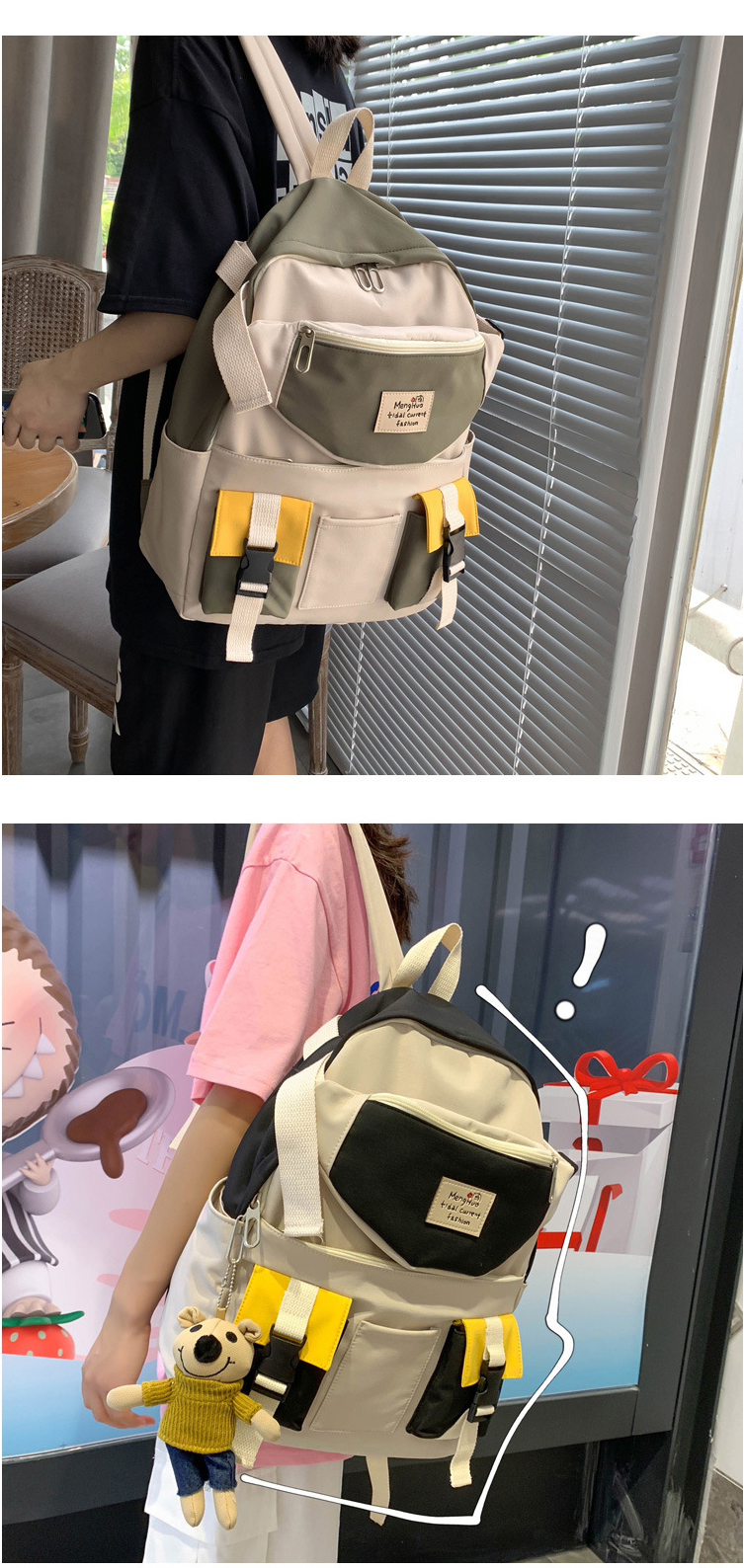 Fashion Black Belt Pendant Canvas Stitching Contrast Color Buckle Diagonal Cross Chest Bag Backpack,Backpack