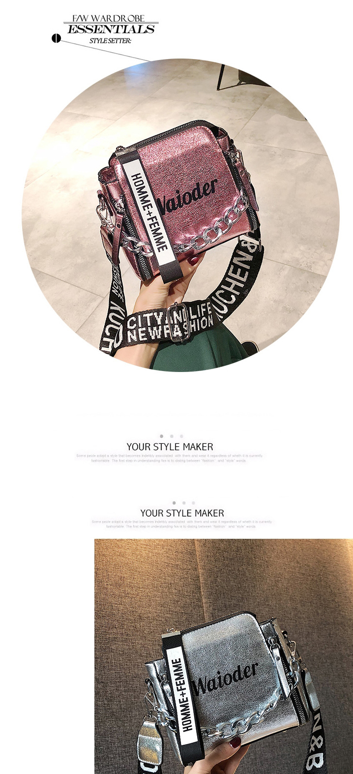 Fashion Black Chain Letter Printed Broadband Shoulder Messenger Bag,Shoulder bags