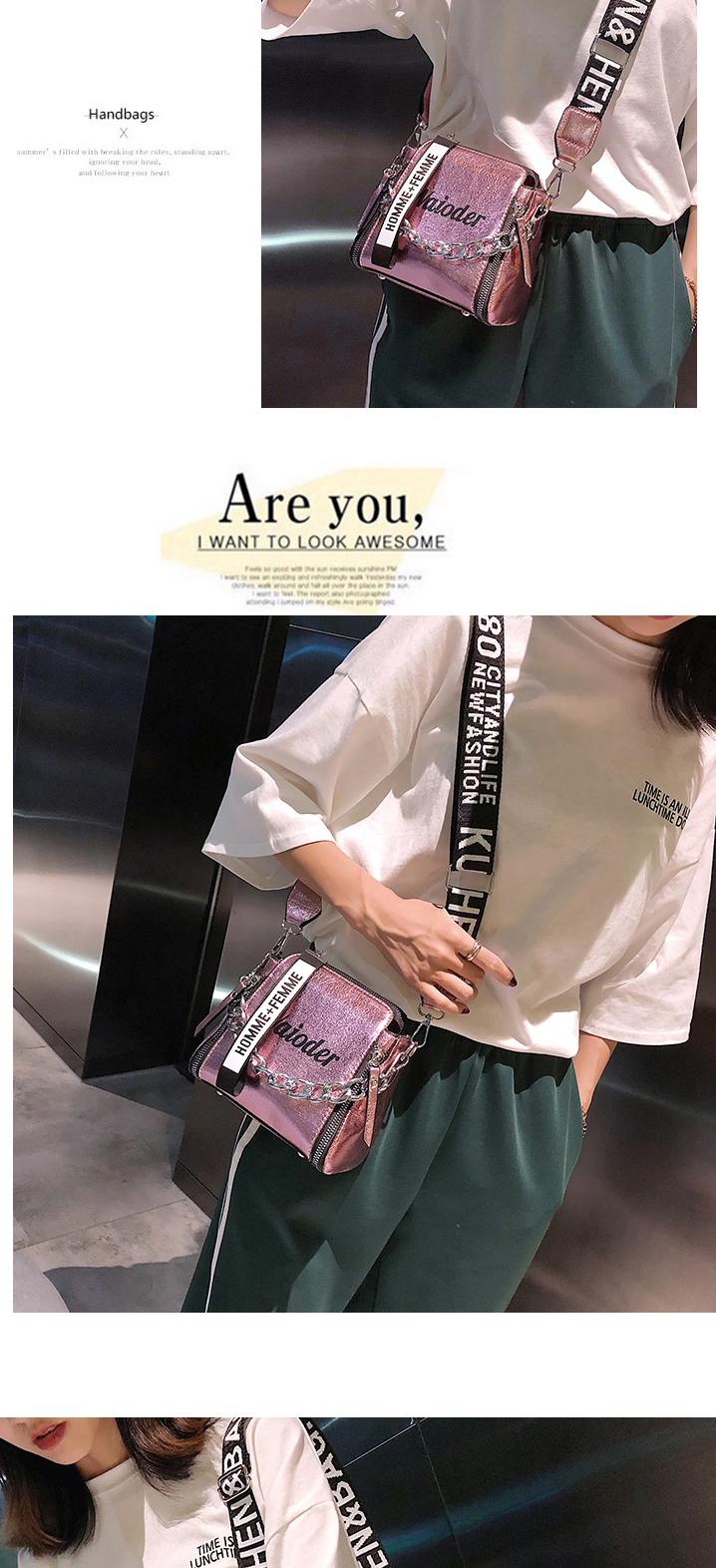 Fashion Color Chain Letter Printed Broadband Shoulder Messenger Bag,Shoulder bags