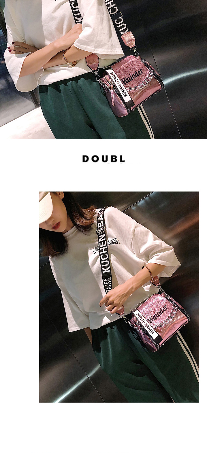 Fashion Pink Chain Letter Printed Broadband Shoulder Messenger Bag,Shoulder bags