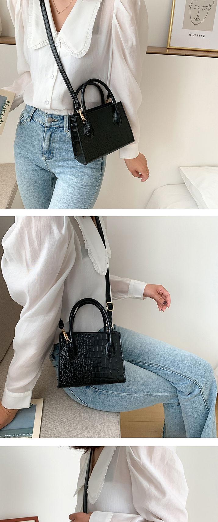 Fashion Black Crocodile Diagonal Shoulder Bag,Messenger bags