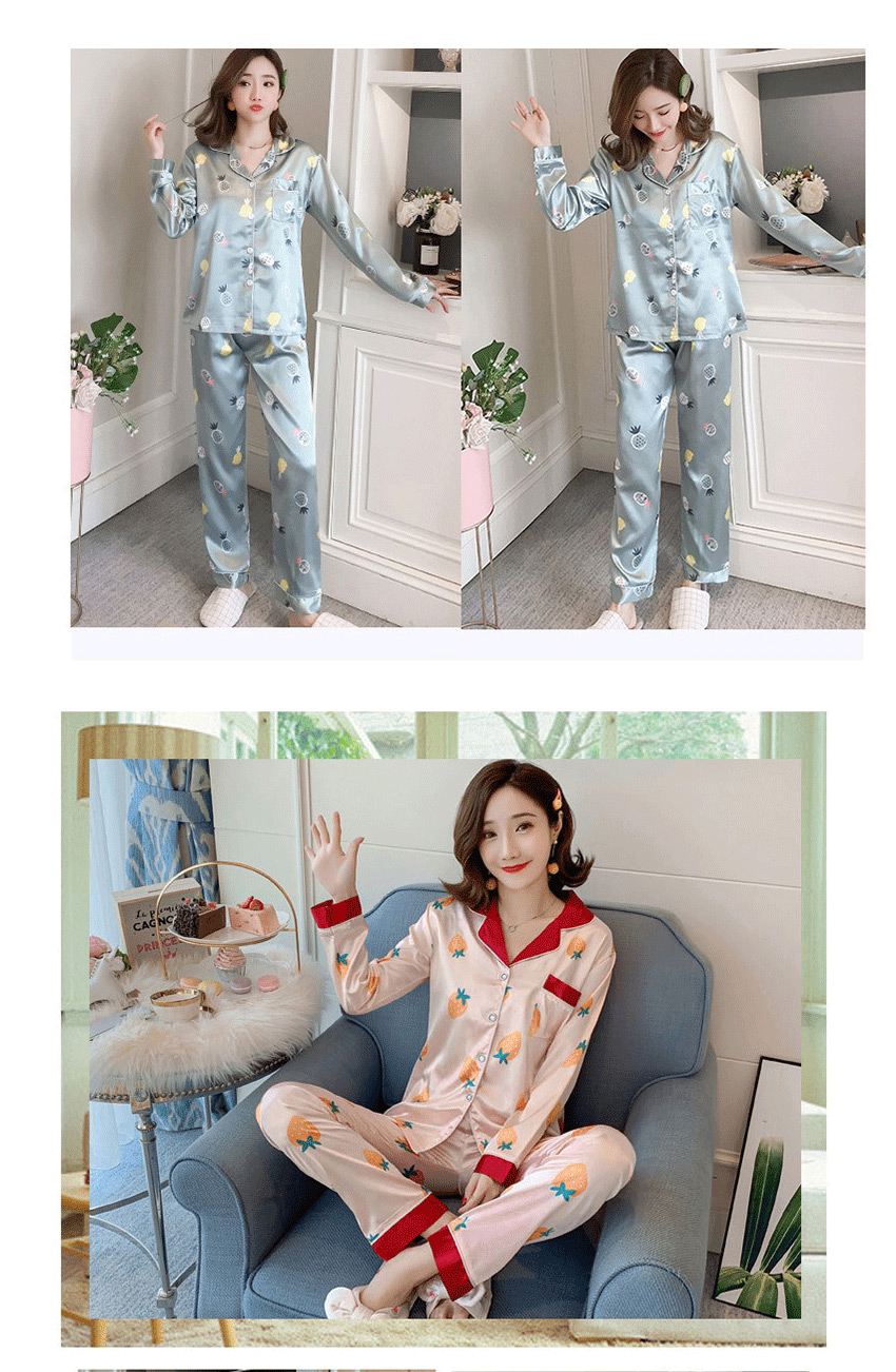 Fashion Green Lover Long-sleeved Artificial Silk Plus Size Thin Printed Pajamas Suit  Silk,CURVE SLEEP & LOUNGE