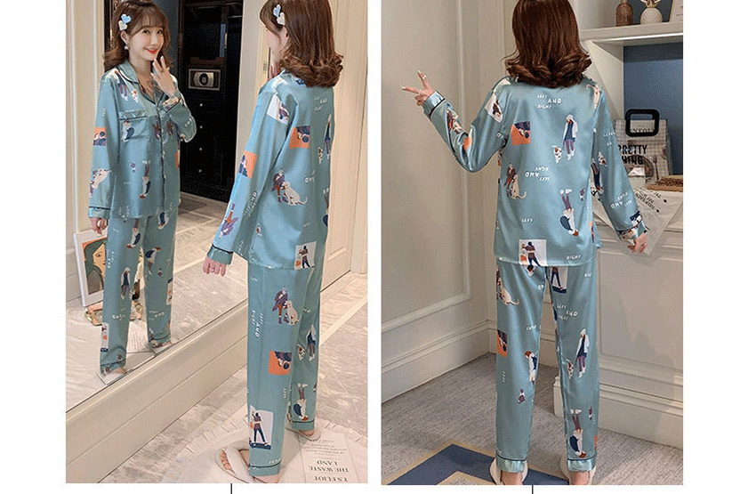 Fashion Blue Circle Long-sleeved Artificial Silk Plus Size Thin Printed Pajamas Suit  Silk,CURVE SLEEP & LOUNGE