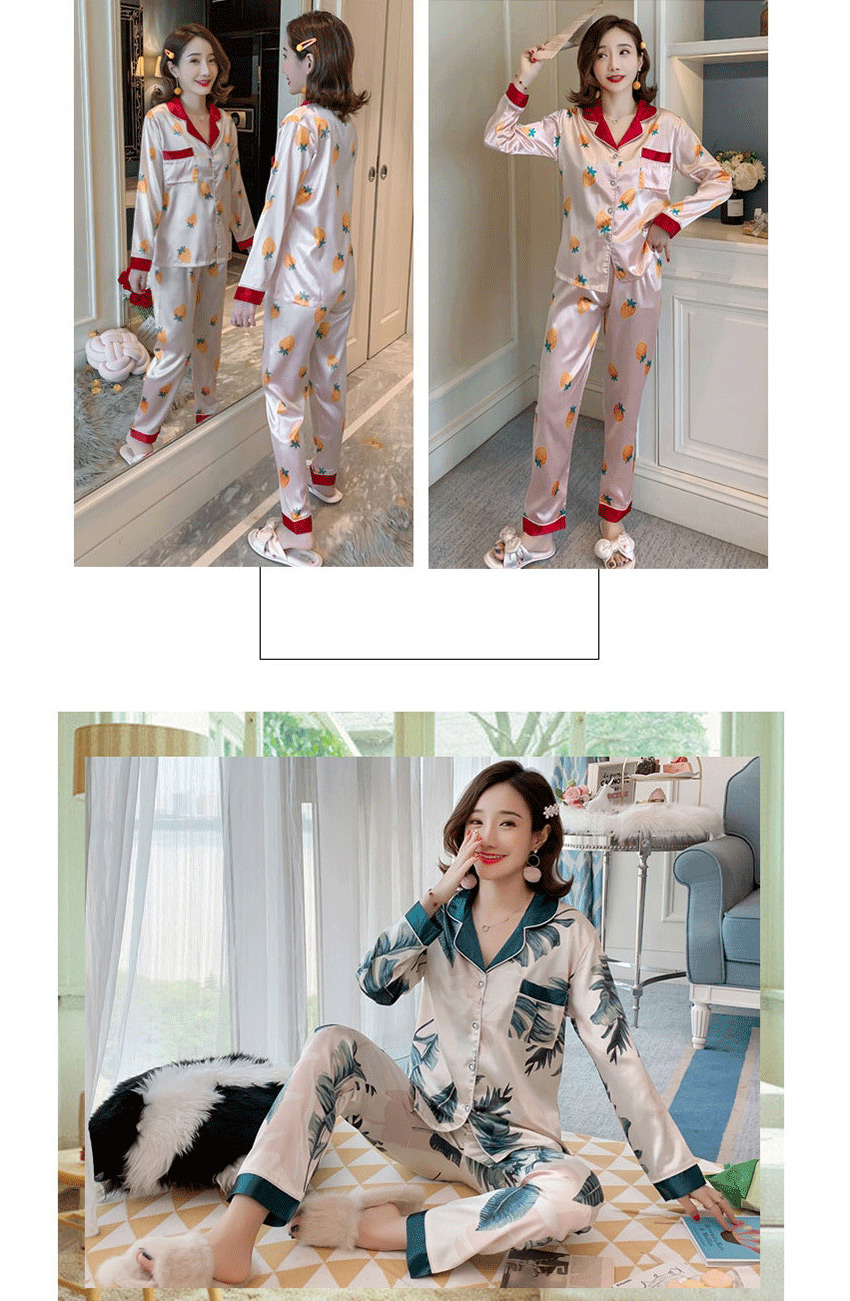 Fashion Rub Color Lily Long-sleeved Artificial Silk Plus Size Thin Printed Pajamas Suit  Silk,CURVE SLEEP & LOUNGE