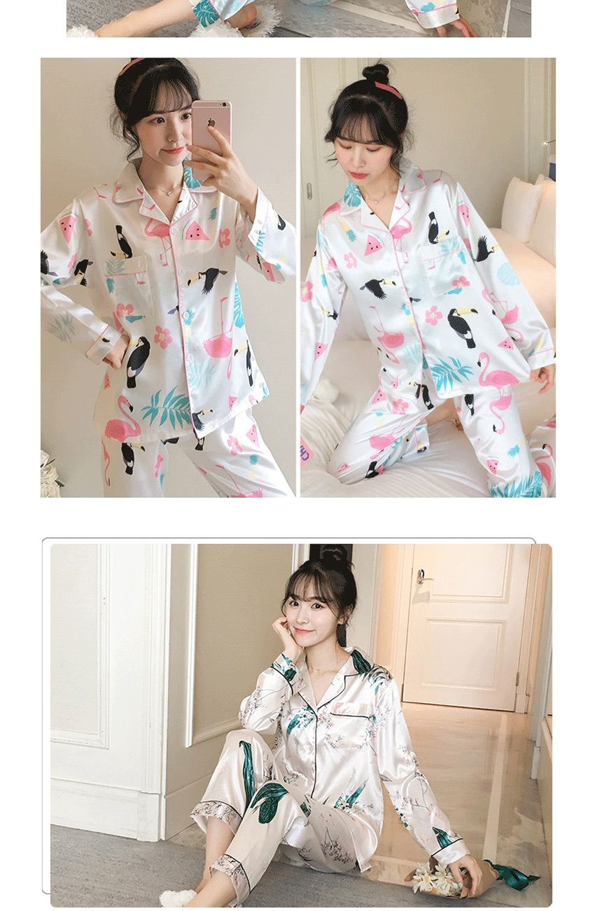 Fashion Rub Color Lily Long-sleeved Artificial Silk Plus Size Thin Printed Pajamas Suit  Silk,CURVE SLEEP & LOUNGE