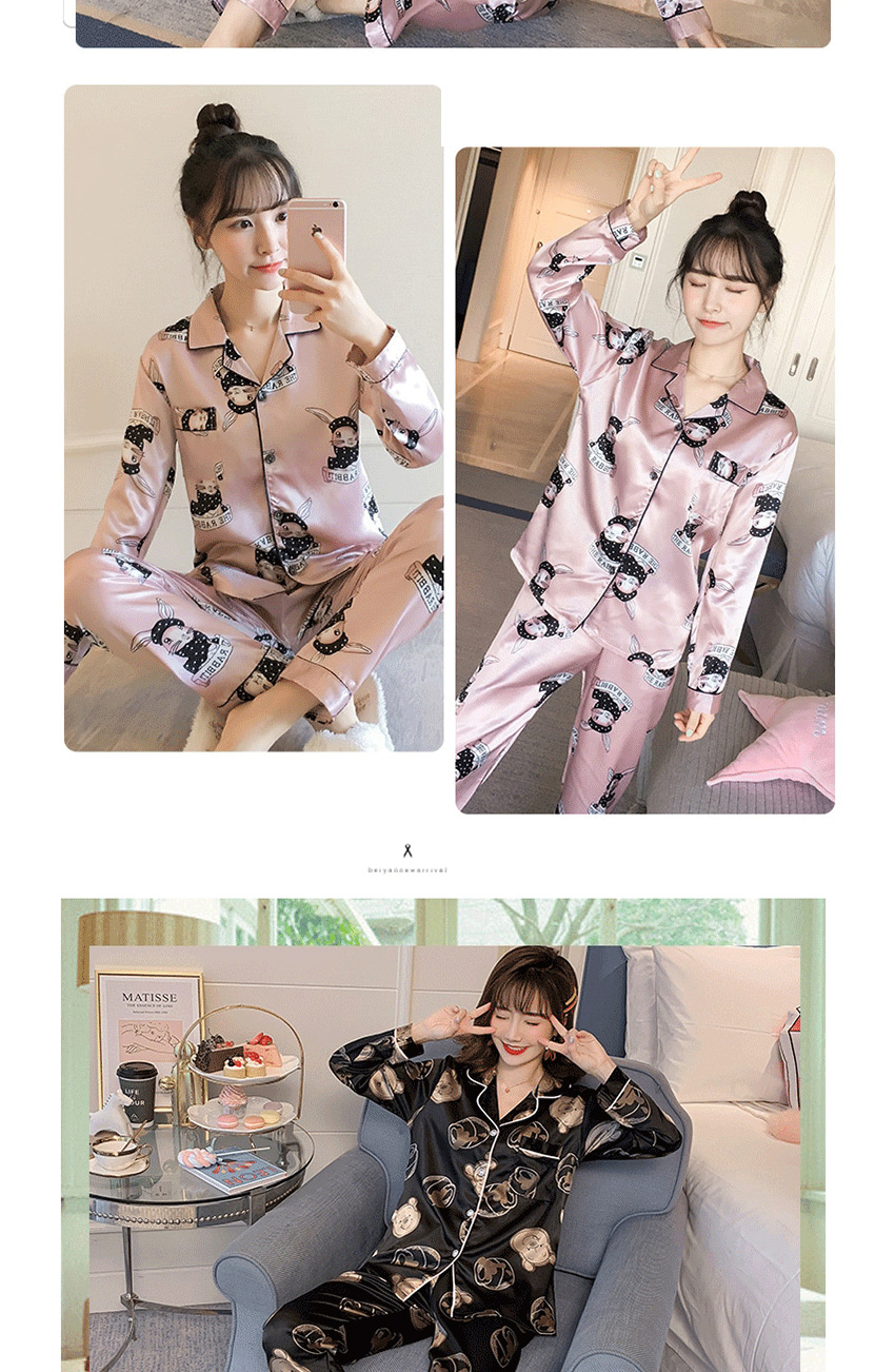 Fashion Pink Cat Long-sleeved Artificial Silk Plus Size Thin Printed Pajamas Suit  Silk,CURVE SLEEP & LOUNGE