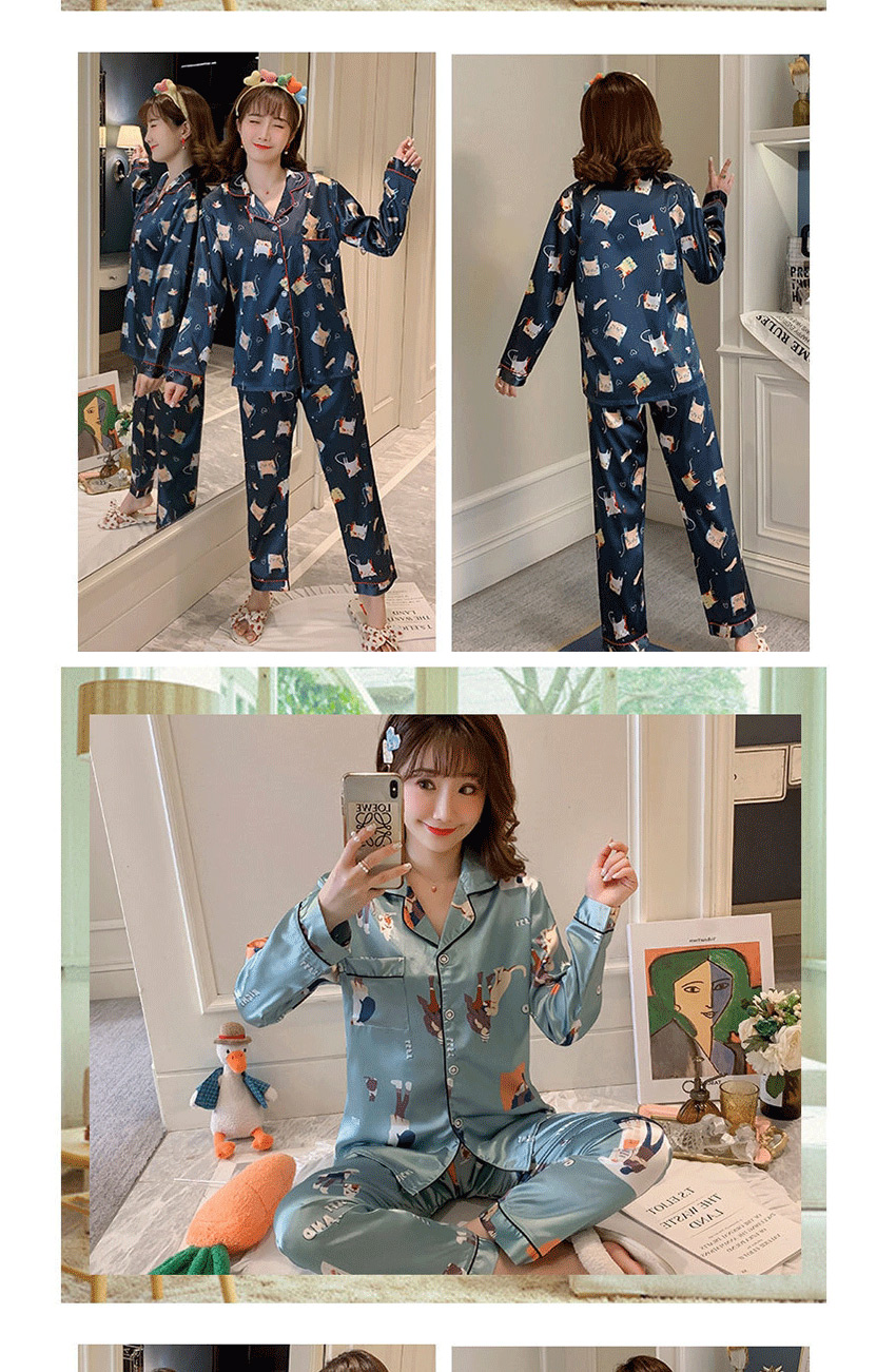 Fashion Blue English Rabbit Long-sleeved Artificial Silk Plus Size Thin Printed Pajamas Suit  Silk,CURVE SLEEP & LOUNGE