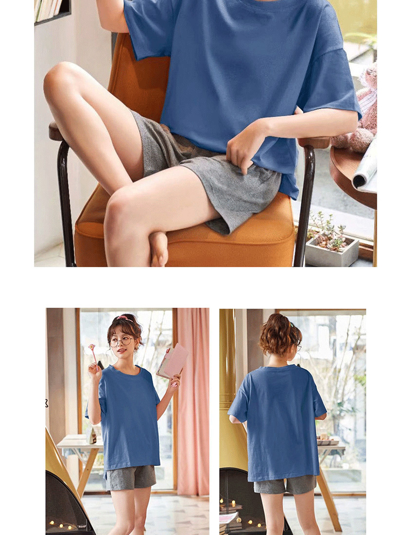 Fashion Gray Blue Pure Cotton Short-sleeved Thin-print Printed Home Service Pajamas Set  Cotton,SLEEPWEAR & UNDERWEAR