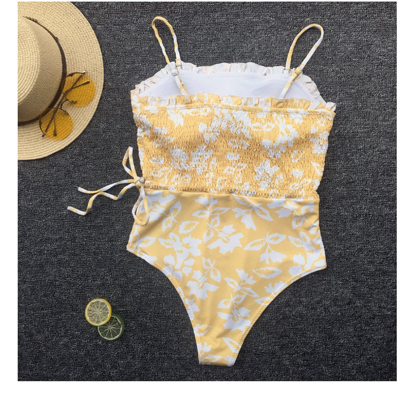 Fashion Yellow Cable-print Pleated Printed Tube Top Sling Swimsuit,One Pieces