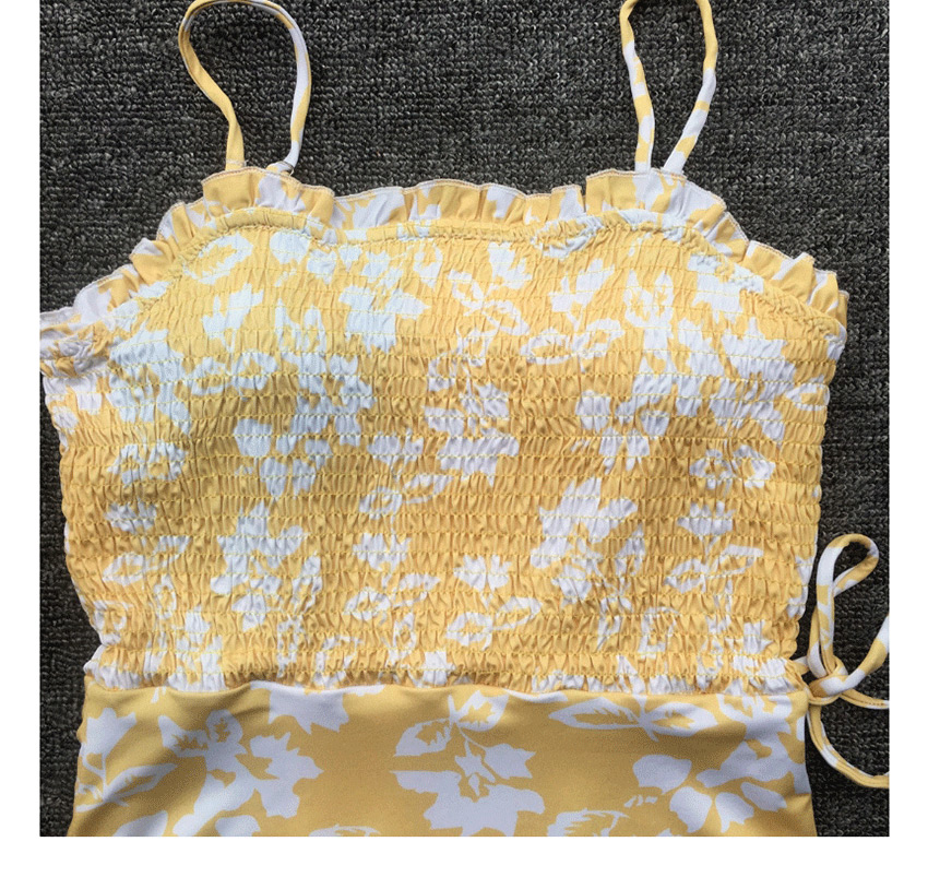 Fashion Yellow Cable-print Pleated Printed Tube Top Sling Swimsuit,One Pieces