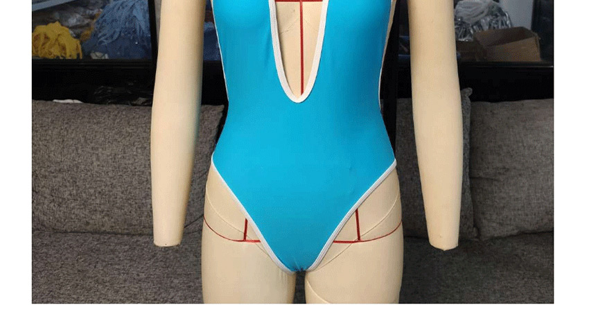 Fashion Blue Hanging Neck Tether Stitching Contrast Color One-piece Swimsuit,One Pieces