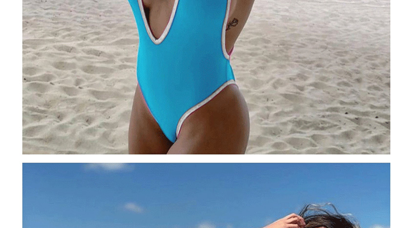 Fashion Blue Hanging Neck Tether Stitching Contrast Color One-piece Swimsuit,One Pieces