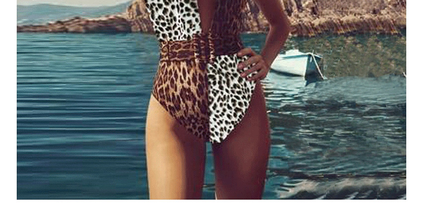 Fashion Brown Leopard Leopard Print Stitching Contrast Color One-piece Swimsuit,One Pieces