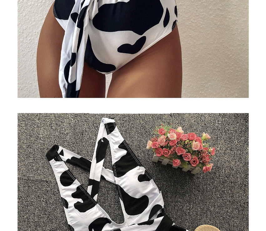 Fashion Black And White Printing Deep V Lace Triangle Print One-piece Swimsuit,One Pieces