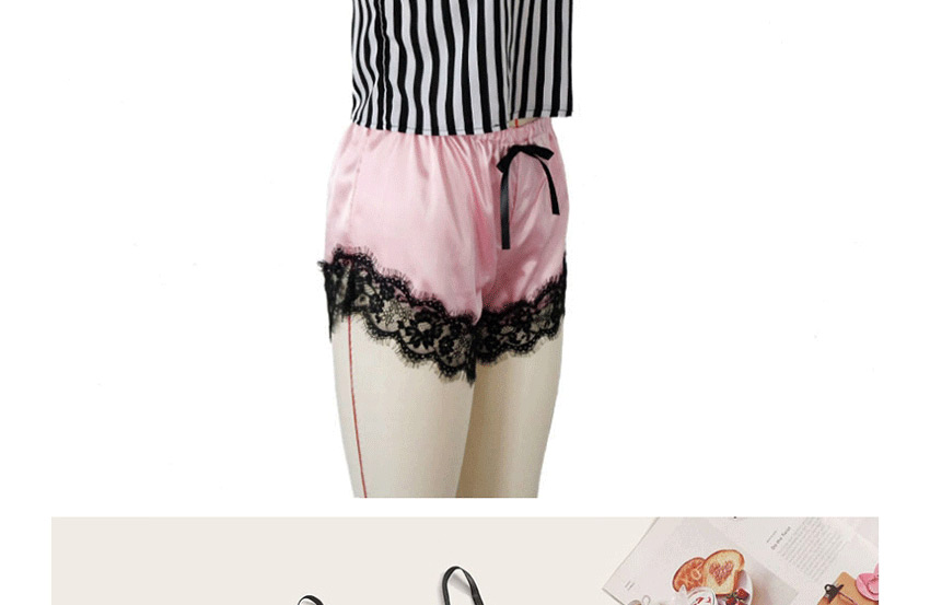 Fashion Pink Striped Lace Contrast Color Strap Pajamas,SLEEPWEAR & UNDERWEAR