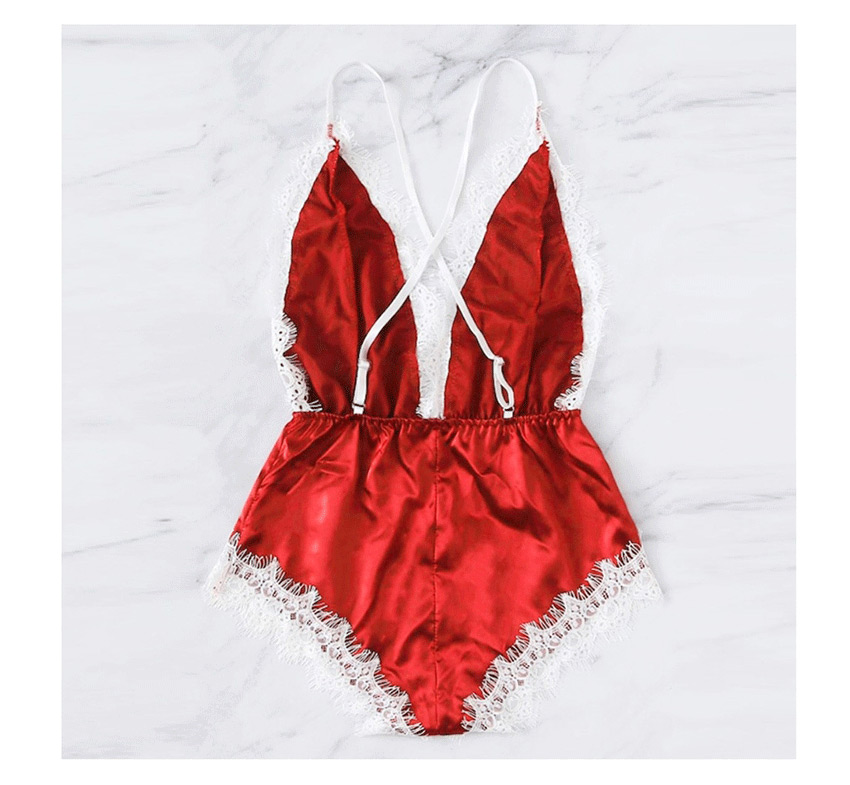 Fashion Red Lace Satin Oily Cloth Piece Pajamas,SLEEPWEAR & UNDERWEAR
