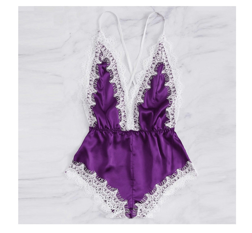 Fashion Purple Lace Satin Oily Cloth Piece Pajamas,SLEEPWEAR & UNDERWEAR