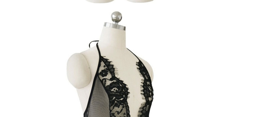 Fashion Black Lace Mesh Splicing Perspective Hanging Neck Jumpsuit,SLEEPWEAR & UNDERWEAR