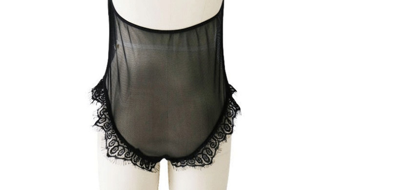 Fashion Black Lace Mesh Splicing Perspective Hanging Neck Jumpsuit,SLEEPWEAR & UNDERWEAR