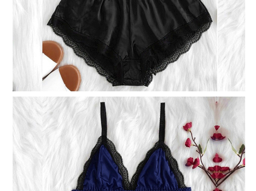 Fashion Black Oily Cloth Lace Pleated Split Pajamas Set,SLEEPWEAR & UNDERWEAR