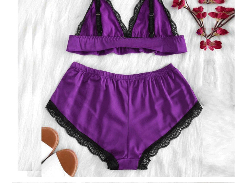 Fashion Purple Oily Cloth Lace Pleated Split Pajamas Set,SLEEPWEAR & UNDERWEAR