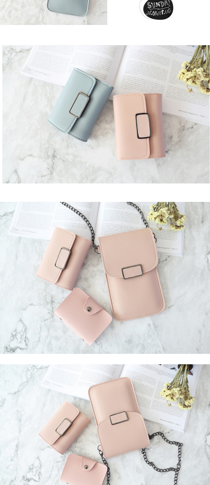 Fashion Light Grey Three-piece Set Of Square Buckle Touch Screen Chain Mobile Phone Bag Wallet Card Bag,Wallet