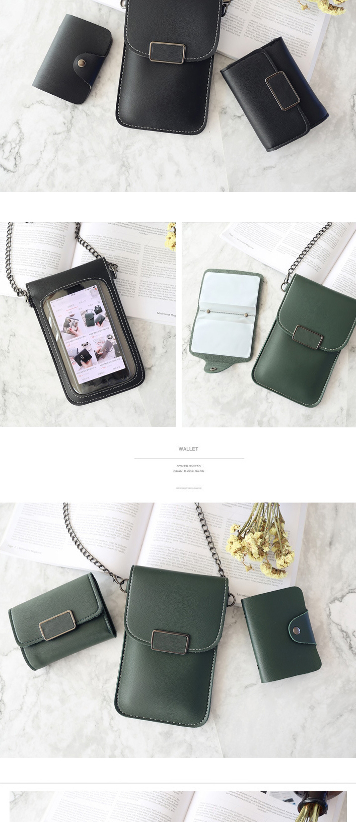 Fashion Light Grey Three-piece Set Of Square Buckle Touch Screen Chain Mobile Phone Bag Wallet Card Bag,Wallet