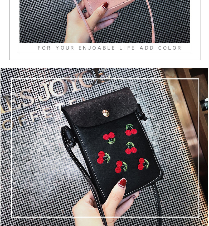 Fashion Light Grey Mobile Phone Bag With Adjustable Shoulder Strap And Cherry Embroidery,Shoulder bags
