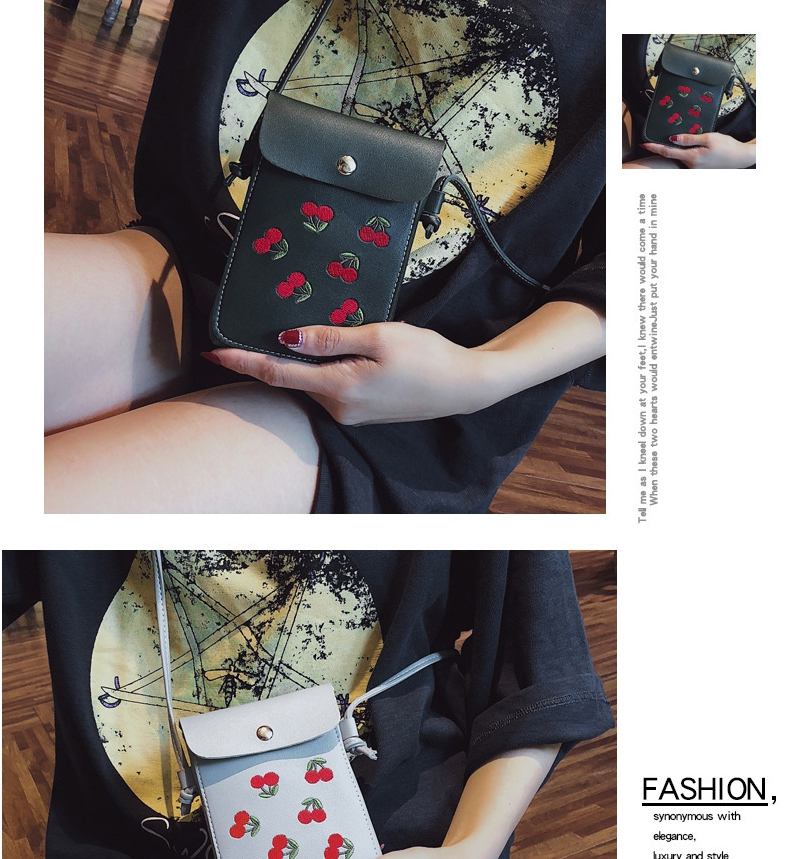 Fashion Black Mobile Phone Bag With Adjustable Shoulder Strap And Cherry Embroidery,Shoulder bags
