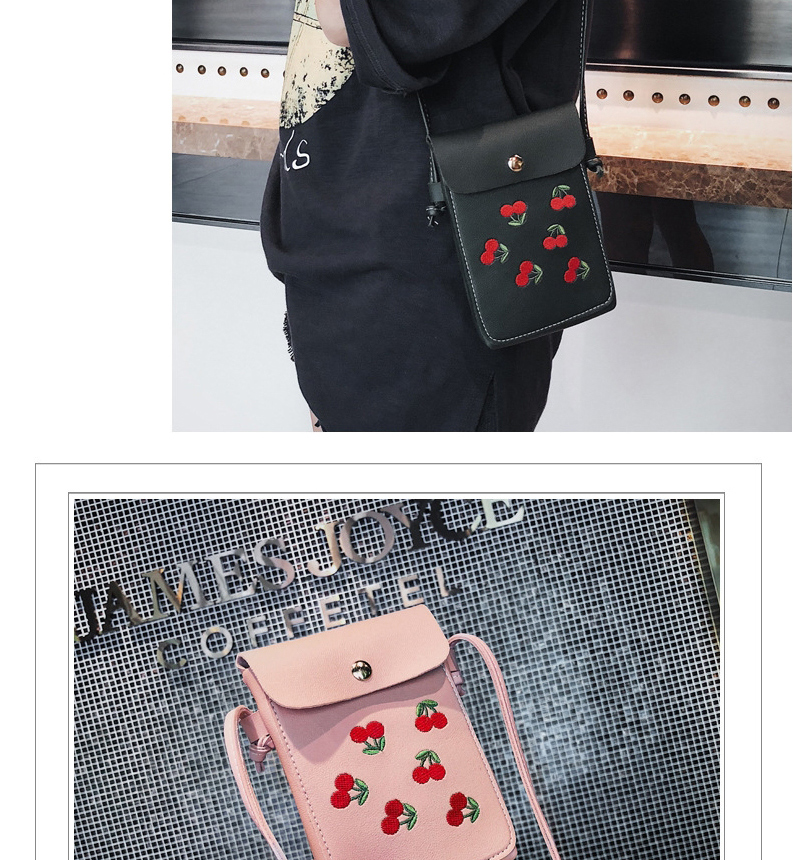Fashion Pink Mobile Phone Bag With Adjustable Shoulder Strap And Cherry Embroidery,Shoulder bags