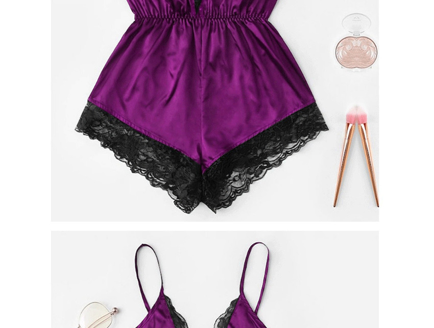 Fashion Purple Lace Satin Oily Bodysuit,SLEEPWEAR & UNDERWEAR