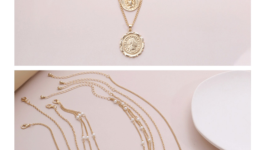 Fashion Golden Portrait Relief Imitation Pearl Tassel Chain Necklace,Multi Strand Necklaces