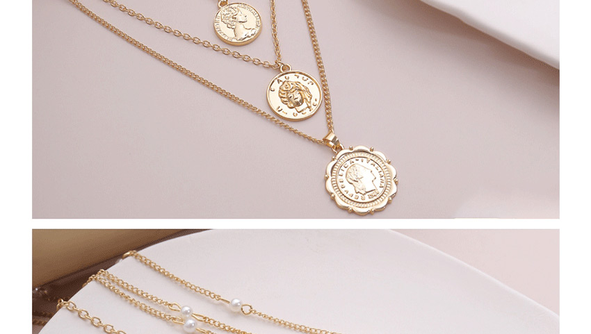 Fashion Golden Portrait Relief Imitation Pearl Tassel Chain Necklace,Multi Strand Necklaces