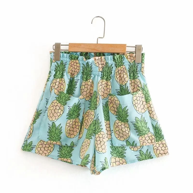 Fashion Pineapple Print Pineapple Printed Elastic Waist Shorts,Shorts