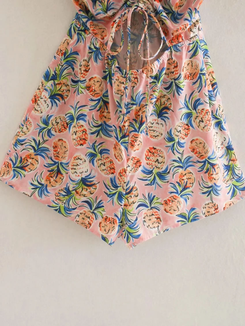 Fashion Pineapple Print Pineapple Printed V-neck Jumpsuit,Shorts