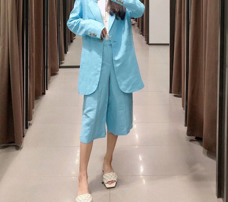 Fashion Blue Solid Long Blazer With Buttons,Coat-Jacket