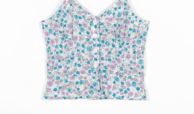Fashion Blue Single-breasted Tank Top With Floral Print Strap,Tank Tops & Camis