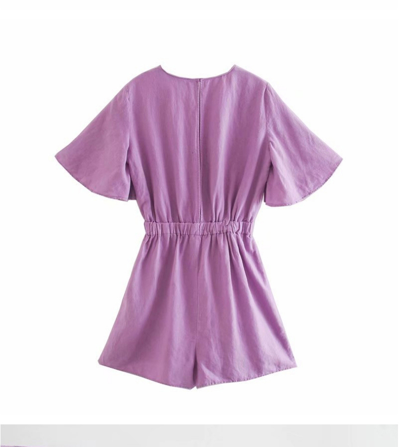 Fashion Purple Linen Waist Solid Color V-neck Jumpsuit,Bodysuits