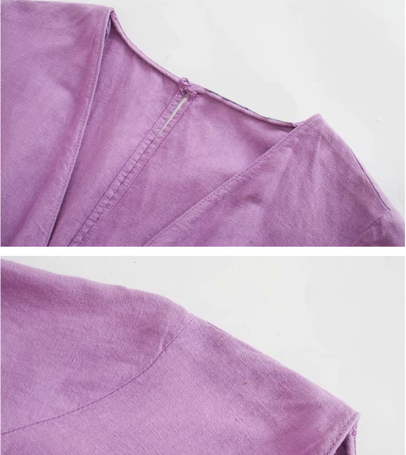 Fashion Purple Linen Waist Solid Color V-neck Jumpsuit,Bodysuits