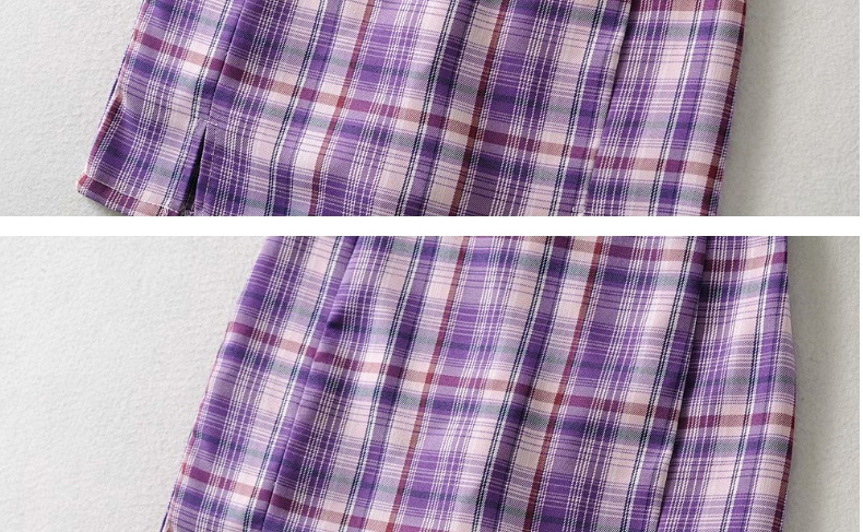 Fashion Purple Checked Printed Split Skirt,Skirts